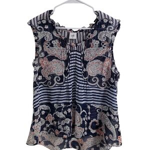 CAbi Blue Tan Sleeveless Pleated Ruffled Blouse